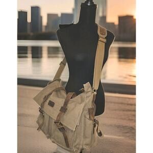 S-ZONE Khaki Canvas W/Leather Accents Messenger Bag Laptop Carry Case 15x12x4